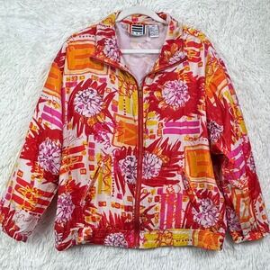 EVR 80s Vintage 100% Silk Abstract Floral Jacket‎ Size L Neon Throwback